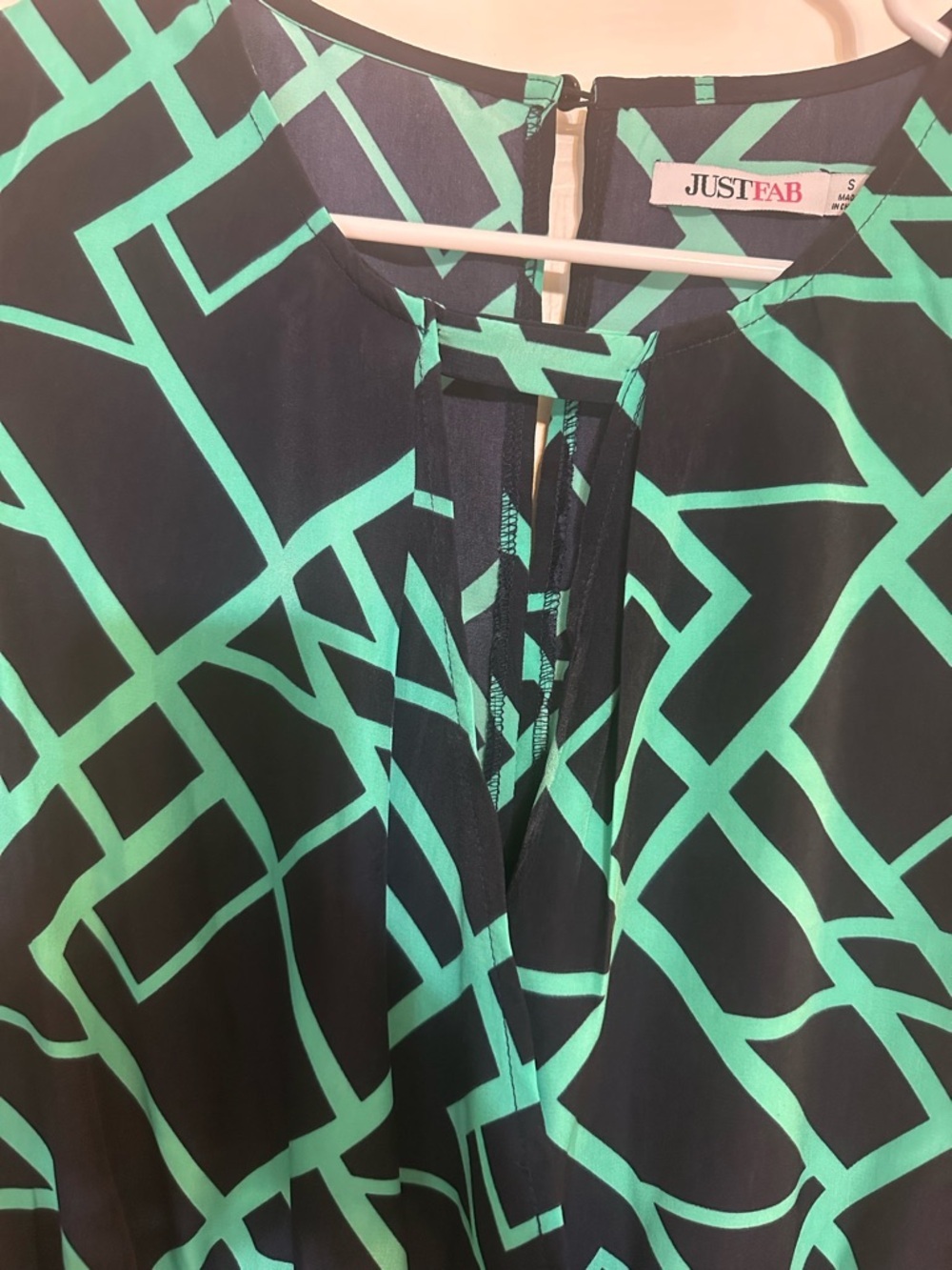 JustFab Romper Small Navy Green Geometric Faux Wrap Long Sleeve NWT - Picture 11 of 12